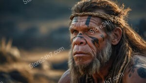 Caveman with Tribal Face Paint in Harsh Wilderness