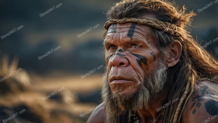 Caveman with Tribal Face Paint in Harsh Wilderness