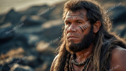 Caveman with Tribal Markings in a Prehistoric Landscape