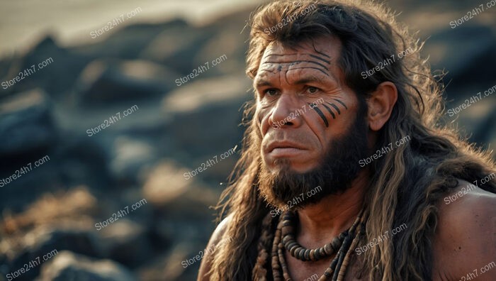 Caveman with Tribal Markings in a Prehistoric Landscape