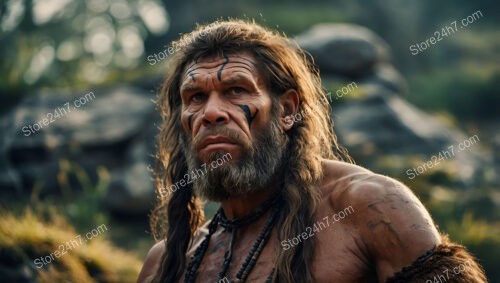 Caveman with Tribal Paint Standing in Prehistoric Landscape