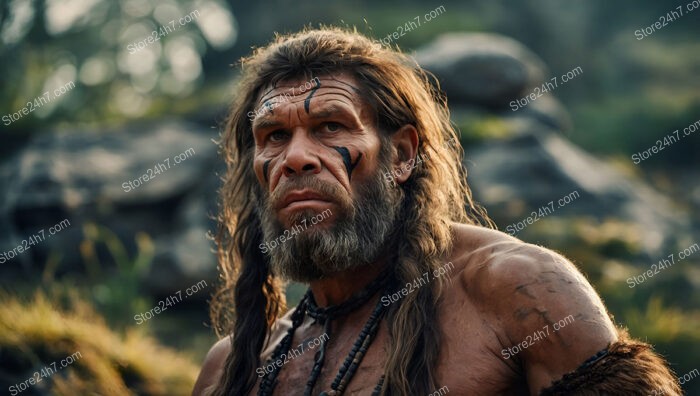 Caveman with Tribal Paint Standing in Prehistoric Landscape