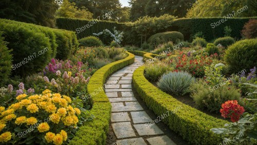 Charming Curved Garden Pathway with Hedges and Blooms