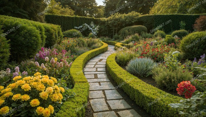 Charming Curved Garden Pathway with Hedges and Blooms