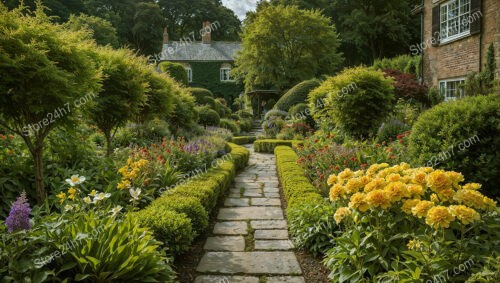 Charming English Cottage Garden with Stone Pathway