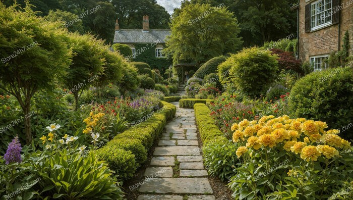 Charming English Cottage Garden with Stone Pathway