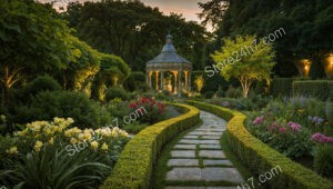 Charming Evening Garden with Illuminated Gazebo and Curved Path