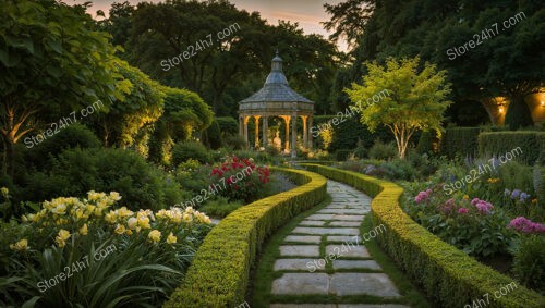 Charming Evening Garden with Illuminated Gazebo and Curved Path