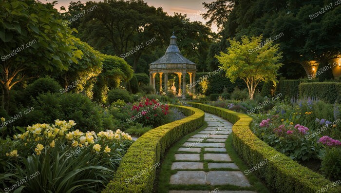 Charming Evening Garden with Illuminated Gazebo and Curved Path