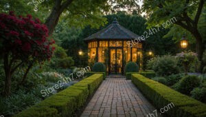 Charming Garden Pathway Leading to an Illuminated Gazebo