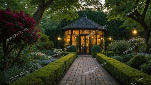 Charming Garden Pathway Leading to an Illuminated Gazebo