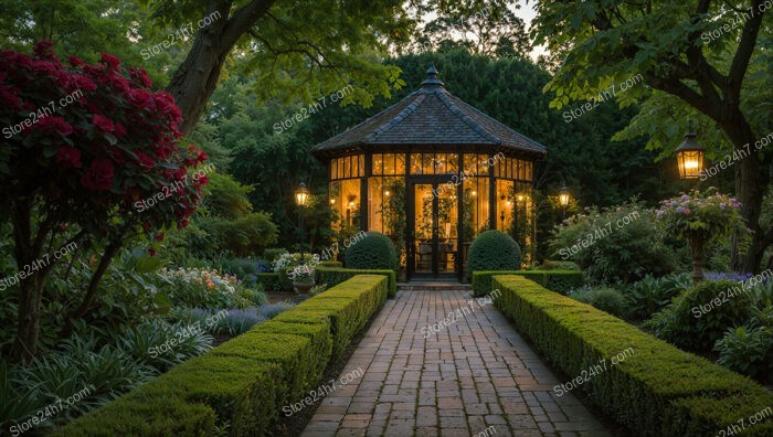 Charming Garden Pathway Leading to an Illuminated Gazebo