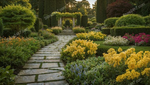 Charming Garden Pathway with Stone Arches and Blooming Flowers