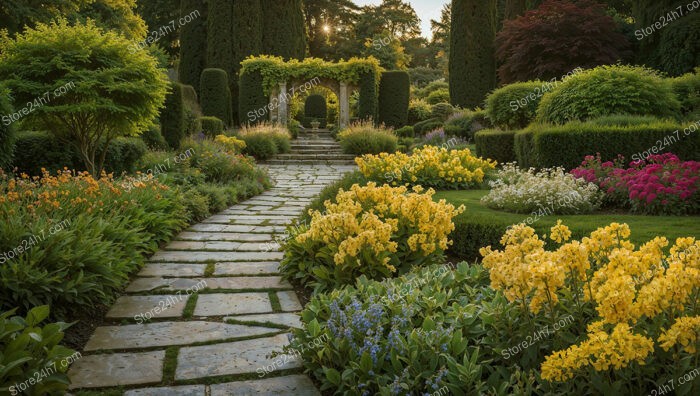 Charming Garden Pathway with Stone Arches and Blooming Flowers