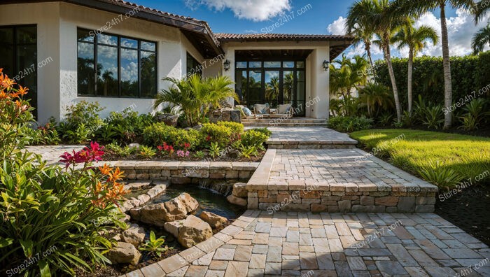 Charming Garden Pathway with Stonework and Tropical Foliage