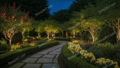 Charming Night Garden Illuminated by Soft Lights and Blossoms