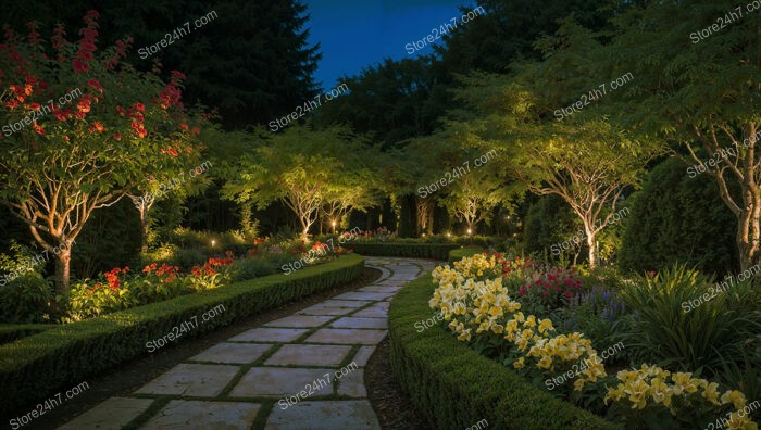 Charming Night Garden Illuminated by Soft Lights and Blossoms