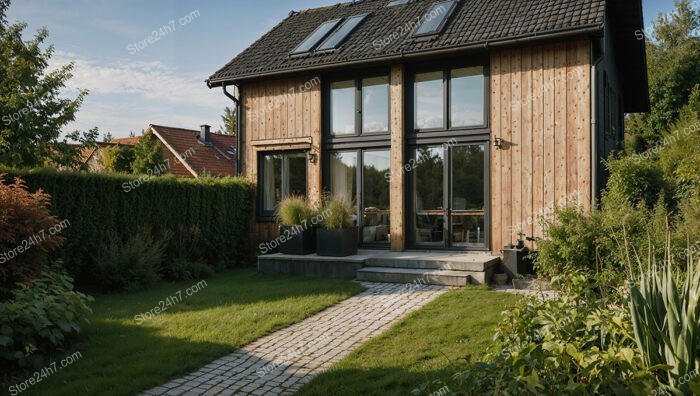 Charming wooden German home with skylights and garden pathway