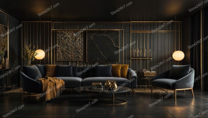 Chic Black and Gold Living Room with Cozy Ambiance