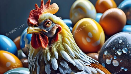 Chicken Among Colorful Eggs and Water Droplets