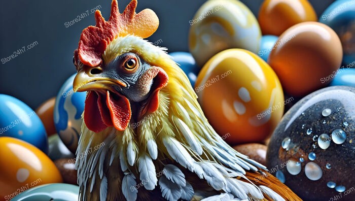 Chicken Among Colorful Eggs and Water Droplets