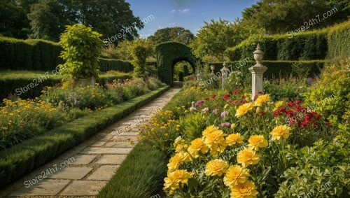 Classic English Garden Pathway Lined with Vibrant Flowers