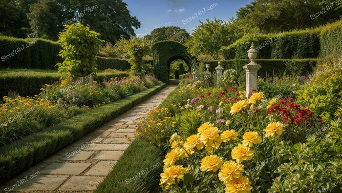 Classic English Garden Pathway Lined with Vibrant Flowers