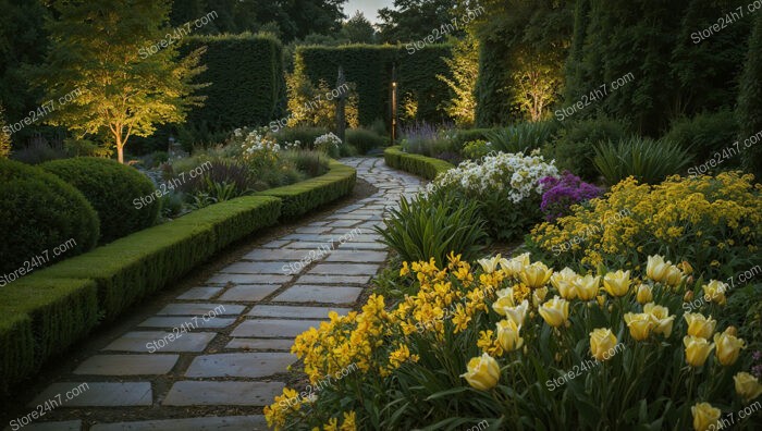 Classic Garden Pathway Illuminated by Soft Evening Lighting