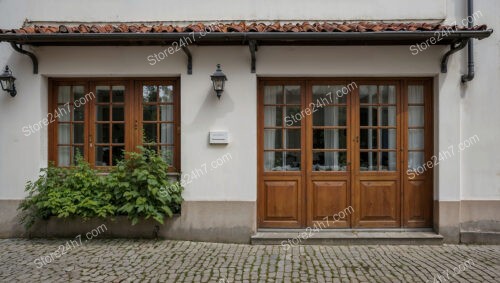 Classic German home with wooden doors and cobblestone driveway