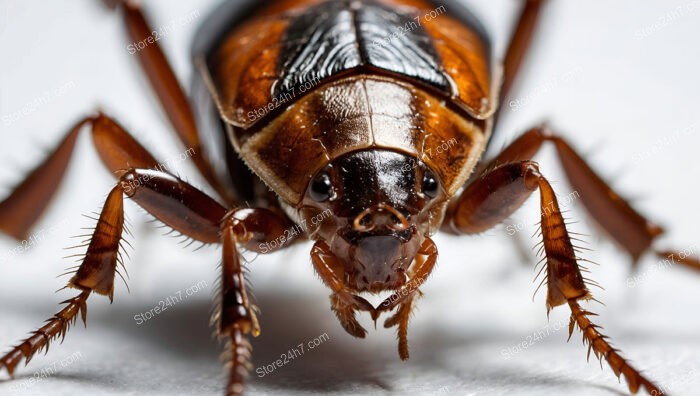 Close-up of cockroach head with shiny exoskeleton and legs