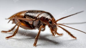 Close-up shot of a cockroach's textured exoskeleton and antennae