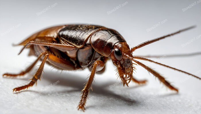 Close-up shot of a cockroach's textured exoskeleton and antennae