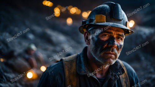 Coal Miner’s Determined Gaze Amidst Underground Darkness and Light