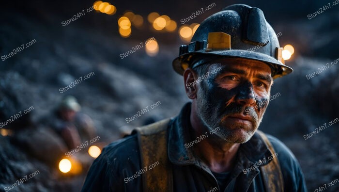 Coal Miner’s Determined Gaze Amidst Underground Darkness and Light