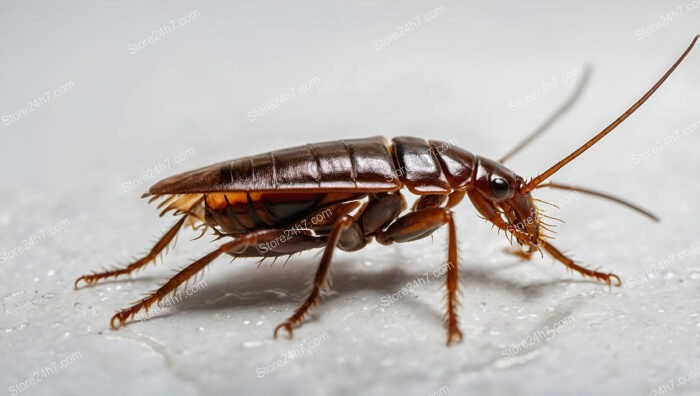 Cockroach in close-up view, displaying its shiny exoskeleton