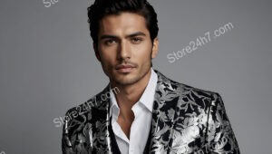 Confident Model in Black and Silver Floral Jacket