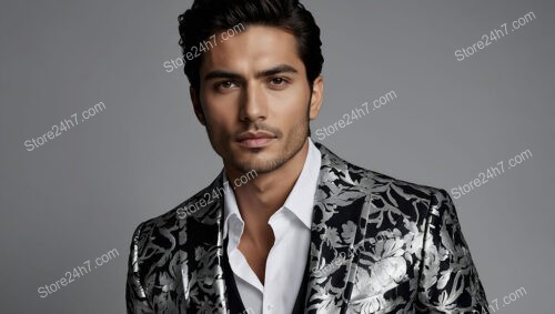 Confident Model in Black and Silver Floral Jacket