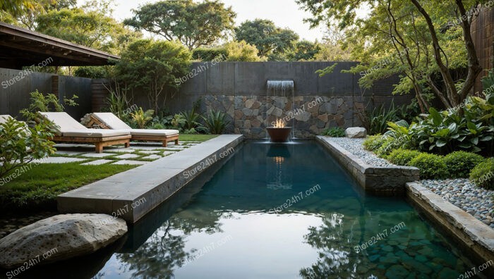 Contemporary Garden Pool with Waterfall and Fire Feature