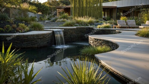 Contemporary Garden with Waterfall and Modern Stone Features