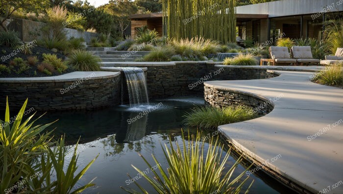 Contemporary Garden with Waterfall and Modern Stone Features