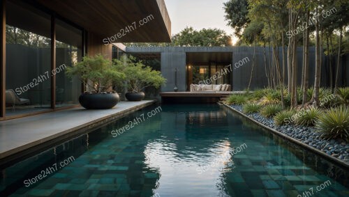 Modern Poolside Garden with Sleek Architecture and Greenery