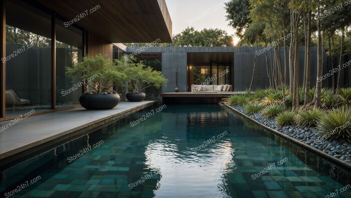 Modern Poolside Garden with Sleek Architecture and Greenery