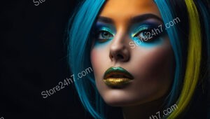 Cosmic Glow: Blue and Gold Makeup and Vibrant Hair