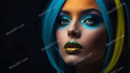 Cosmic Glow: Blue and Gold Makeup and Vibrant Hair