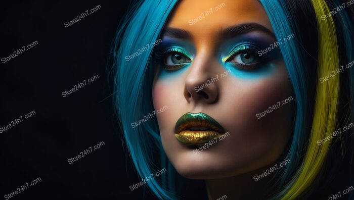 Cosmic Glow: Blue and Gold Makeup and Vibrant Hair