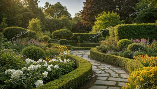 Curving Garden Pathway with Manicured Hedges and Colorful Flowers