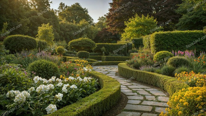 Curving Garden Pathway with Manicured Hedges and Colorful Flowers