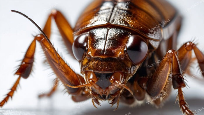 Detailed macro shot of cockroach head and legs in focus