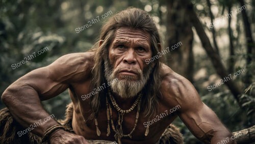 Determined Caveman on Alert in Prehistoric Wilderness