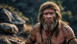 Determined Caveman with Tribal Paint in Harsh Terrain